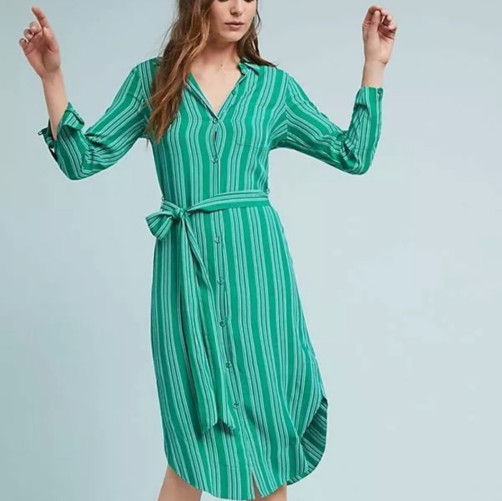 Maeve Martin Belted Green Striped Shirt Dress